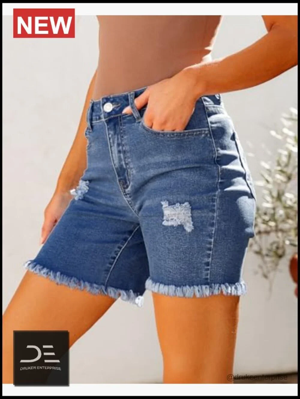 High Waisted Distressed Stretchy Denim Long Shorts with Raw Hem